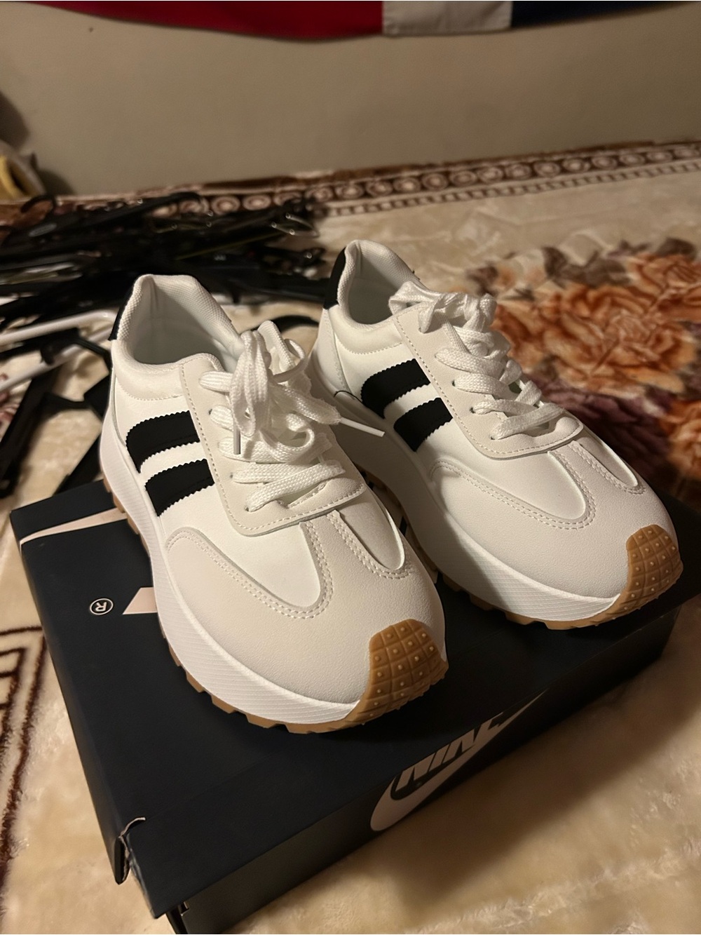 White Sneakers with Black Stripes - Women's Athletic Casual Shoes - Picture 2 of 5